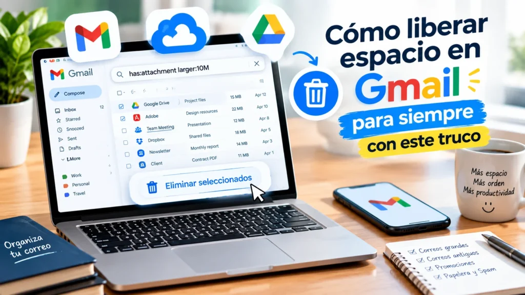 Cómo liberar espacio en Gmail eliminando correos grandes y archivos adjuntos.