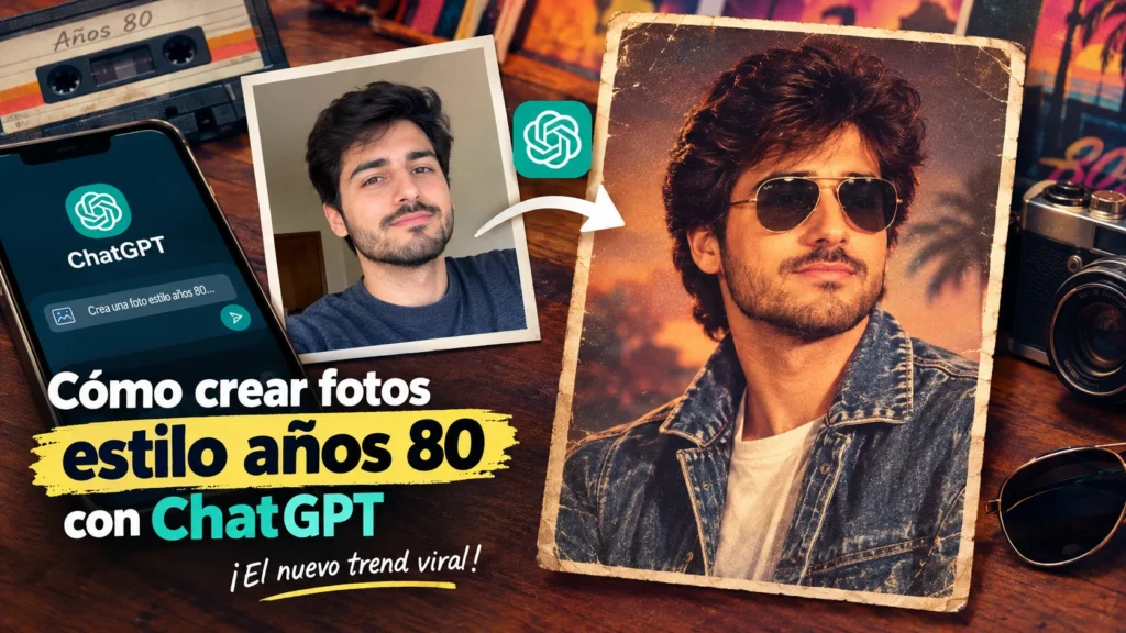 Cómo crear fotos estilo años 80 con ChatGPT usando inteligencia artificial, con un retrato retro y una selfie transformada en fotografía vintage.