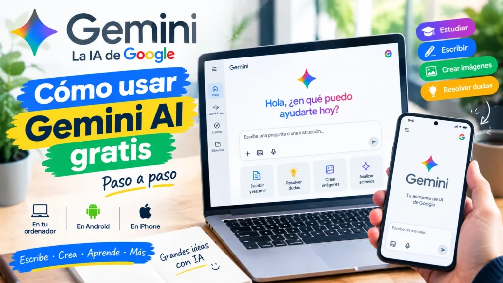 Gemini AI gratis de Google en un ordenador y móvil, con guía paso a paso para estudiar, escribir, crear imágenes y resolver preguntas mediante inteligencia artificial.