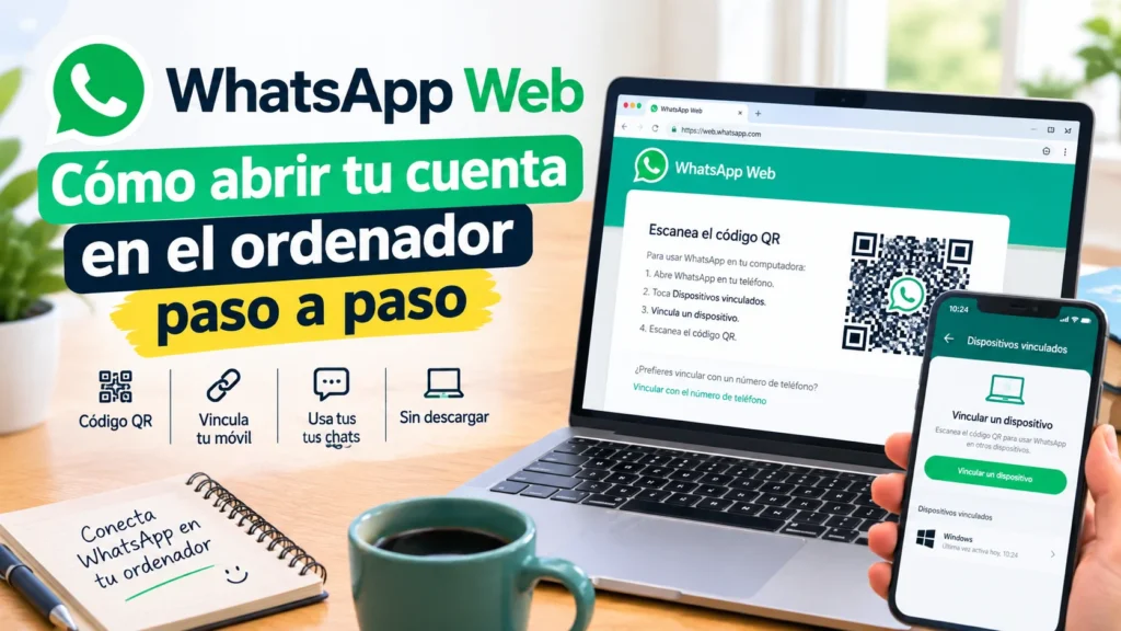 WhatsApp Web en el ordenador con código QR para vincular la cuenta del móvil paso a paso.